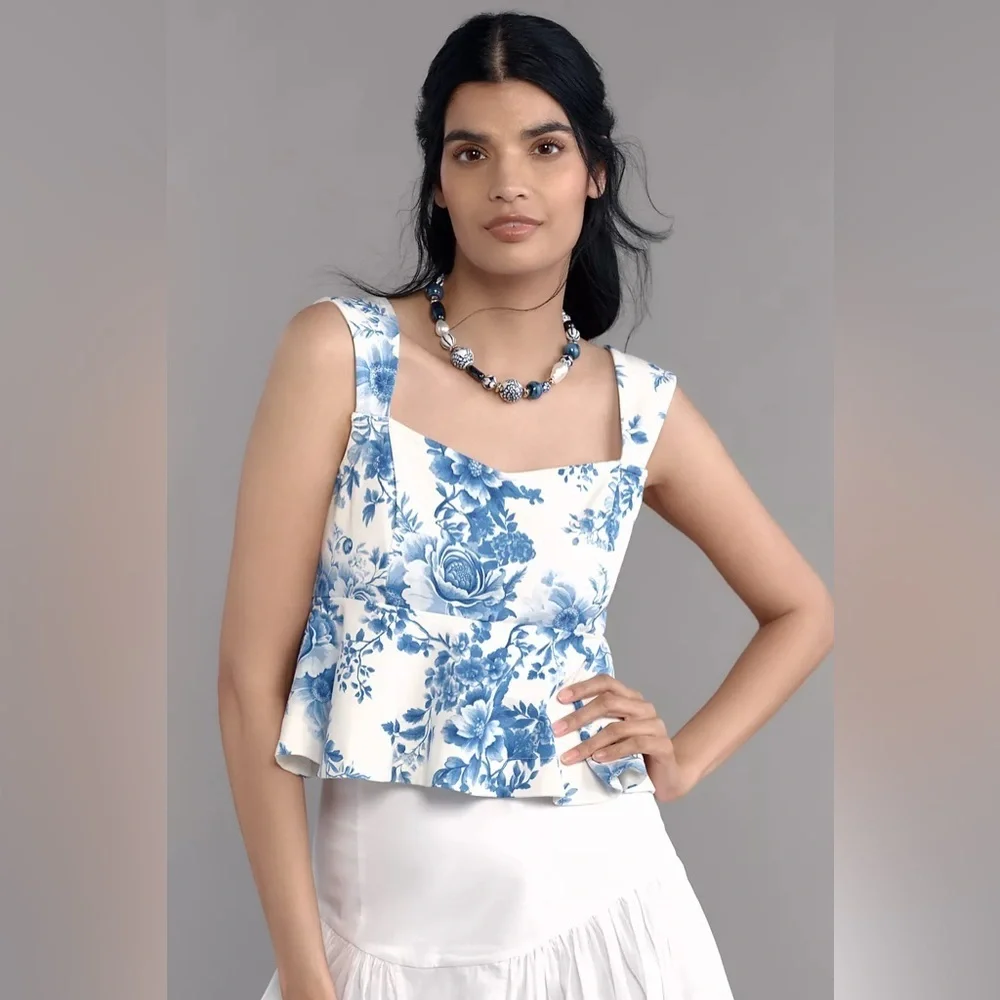 Anthropologie Maeve Square-Neck Peplum Tank Top in Blue Pattern Size M nwt - Picture 1 of 11